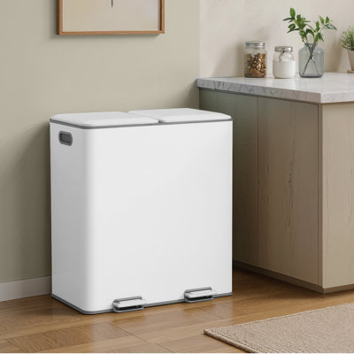 Double poubelle, poubelle en acier inoxydable de 60 L, avec couvercles à fermeture douce, seaux intérieurs doubles, pédales, argent