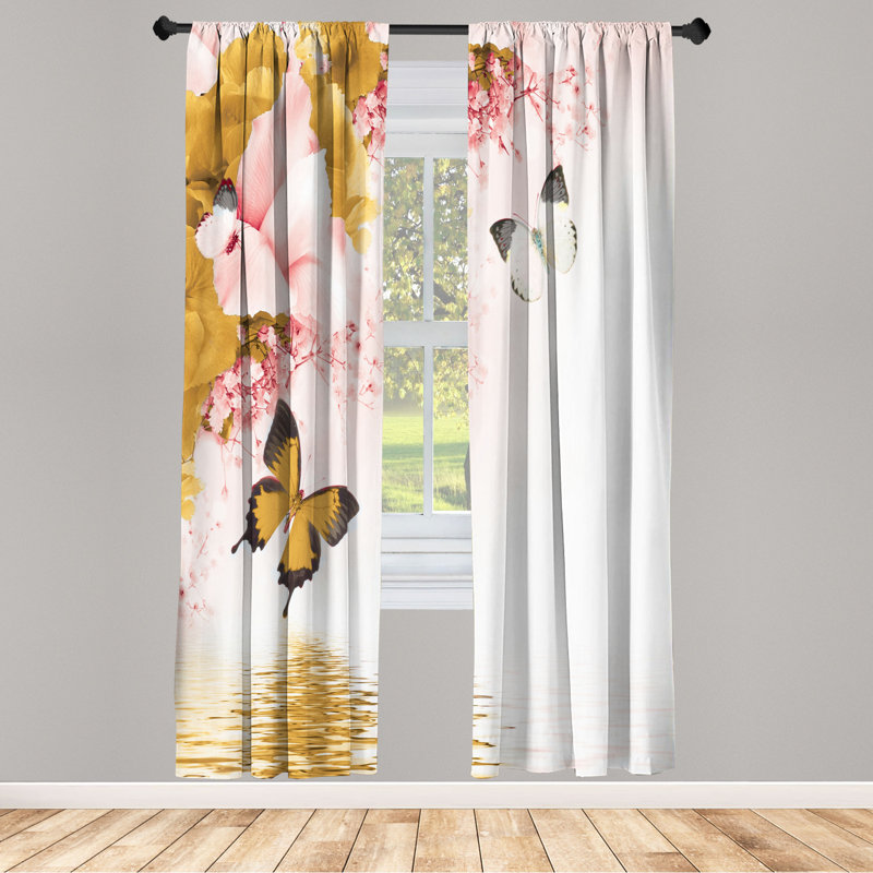Microfiber Floral Semi-Sheer Rod Pocket Curtain Panels, 28" W x 63" L, Goldenrod/Pink
