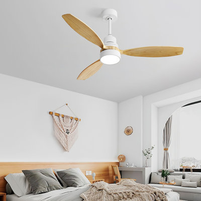 52 Inch Indoor Modern Ceiling Fan 3 Solid Wood Blades Remote Control Reversible DC Motor With Led Light