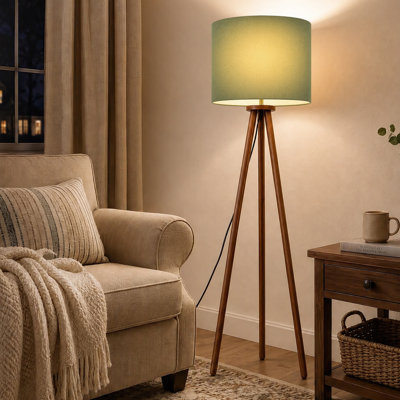 60.6" Modern Natural Rubberwood Tripod Floor Lamp with Green Linen Drum Shade, Adjustable Height, cULus Certified Standing Lamp for Living Room, Bedroom, Study Room or Home Office