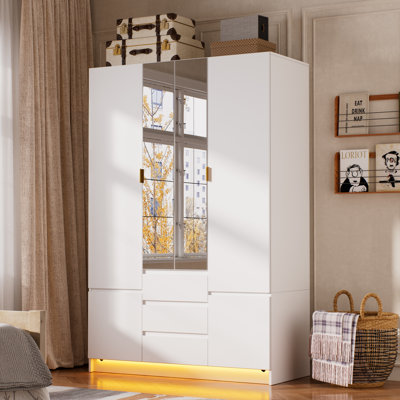Pakasept 4 Doors Armoire Wardrobe Closet With Led Light & Mirror, Bedroom Large Capacity Freestanding Armoire Wardrobe With Drawers by Wrought Studio