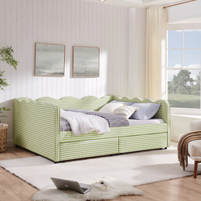 Lit de jour Cozy Gingham avec deux tiroirs de rangement, port USB et adorable tissu en forme de vague