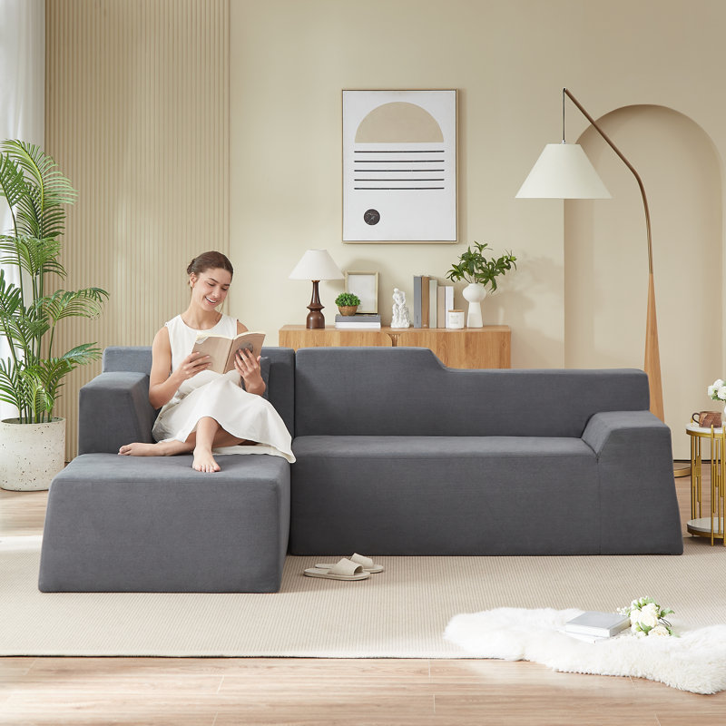 Canapé modulaire en L en velours côtelé Ardova, Tissu gris foncé, Gris foncé