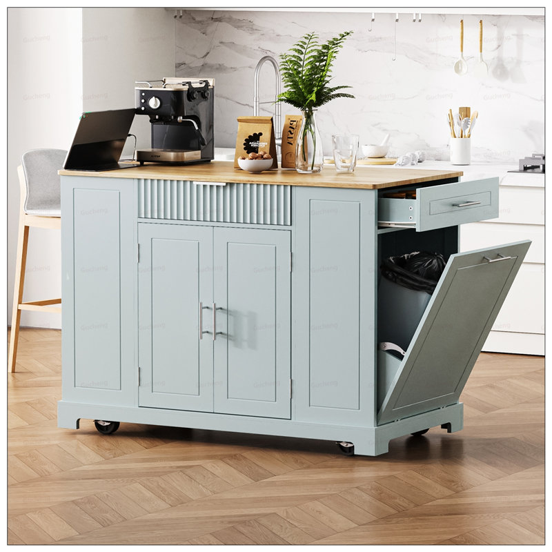 Îlot de cuisine cannelé avec poubelle dissimulée, prises de courant et grand rangement sur 5 roulettes, idéal pour les cuisines modernes