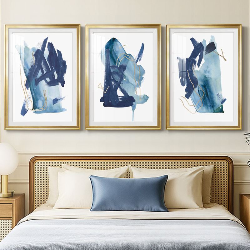 Indigo Collide I - Impression personnalisée de qualité supérieure avec cadre mat - 3 pièces, H 27 po x l 39 po, Doré