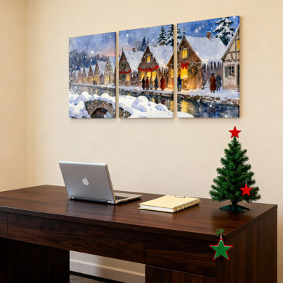 Ensemble de 3 tableaux sur toile représentant un village d'hiver sous la neige