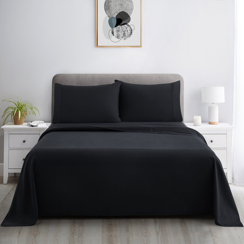 Ensemble de draps en coton 4 pièces avec taies d'oreiller en coton pour toute la saison 4 pièces Marina, Noir