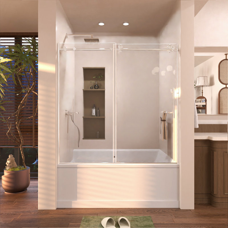 Porte de douche coulissante semi-sans cadre l 60 po x H 60 po au fini chrome, Chrome