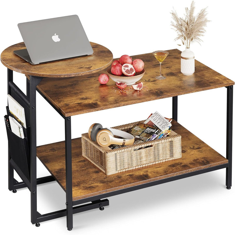 Set Of 2 C-Shaped Side Tables With Storage And 2-Tier Coffee Table, Steel And Wood, Customizable Living Room Layout