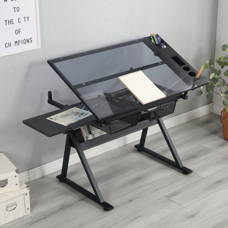 Table à dessin noire réglable en verre trempé avec chaise