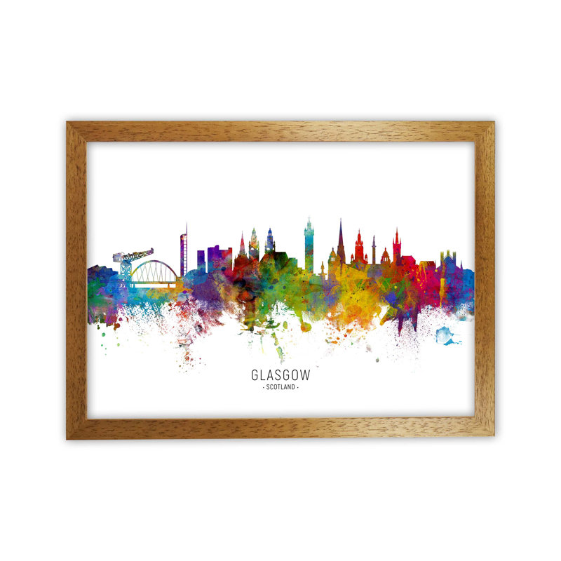 Glasgow Scotland Skyline by Michael Tompsett - Print, 46cm H x 63cm W x 3cm D, Brown Framed