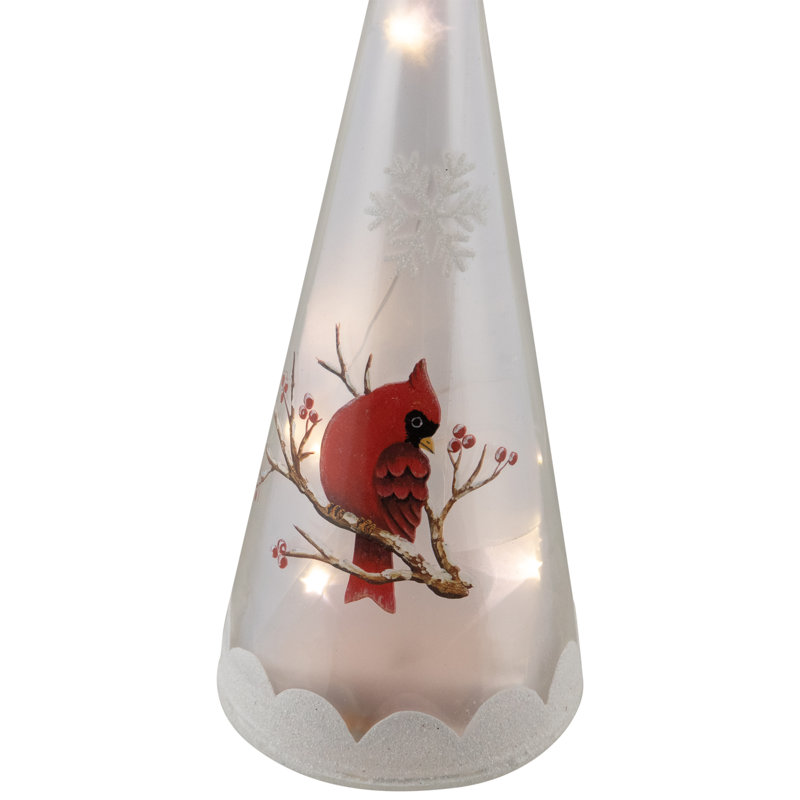 LED Lighted Cardinal And Snowflake Frosted Glass Christmas Cone Tree Decoration - 9.5"