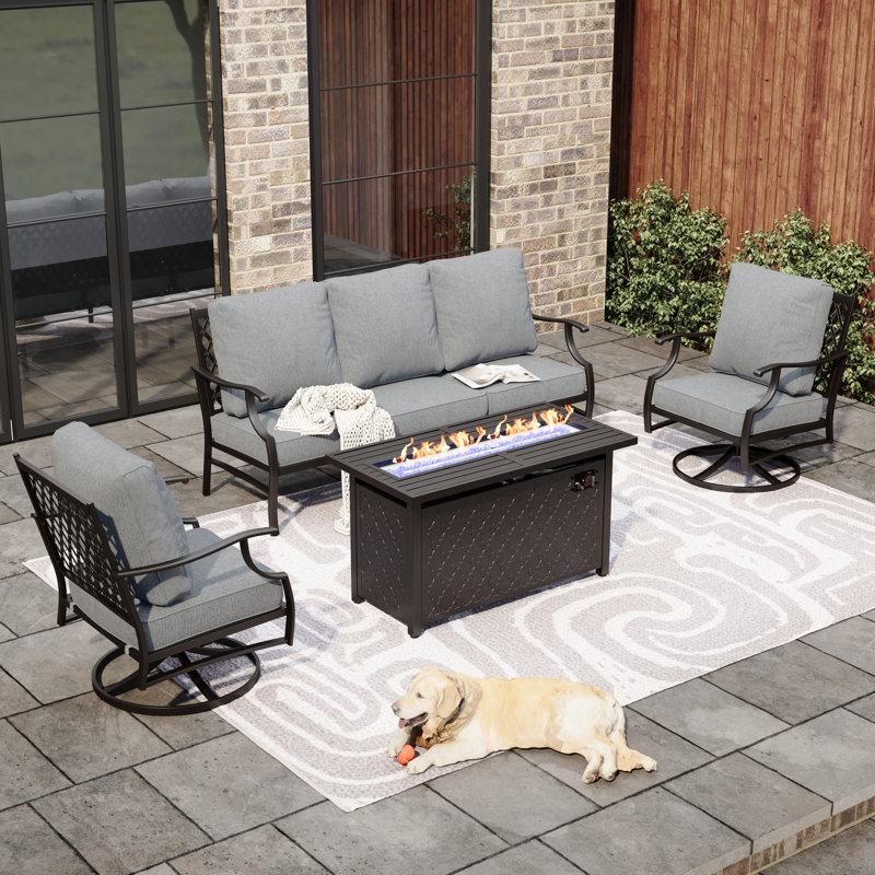 Ensemble de conversation de patio pour 5 personnes Asfand avec chaises longues pivotantes et table de foyer, Gris