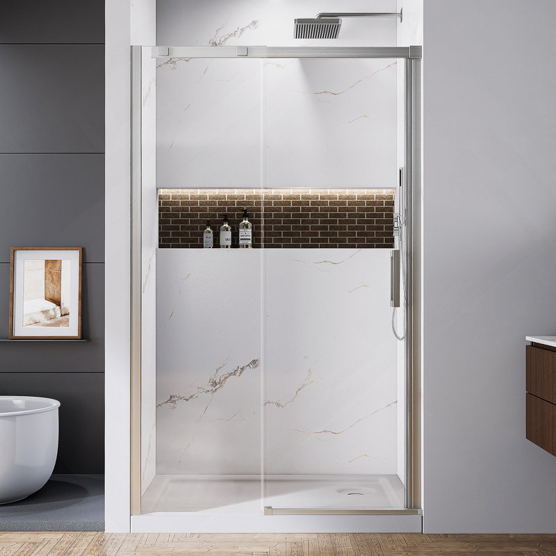 Shower Door, Aluminum Sliding Glass Shower Door With Durable Stainless Steel Hardware, Brushed Nickel