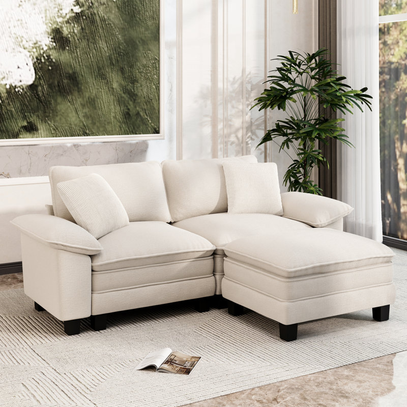 88" Modular Sectional Loveseat Couches For Living Room, 3-seater Deep Seat Sofa With Ottoman, Ivory Chenille