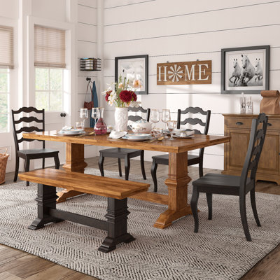 Fortville 78" Solid Wood Oak Finish Top 7-Piece Dining Set With French Ladder Back Chairs