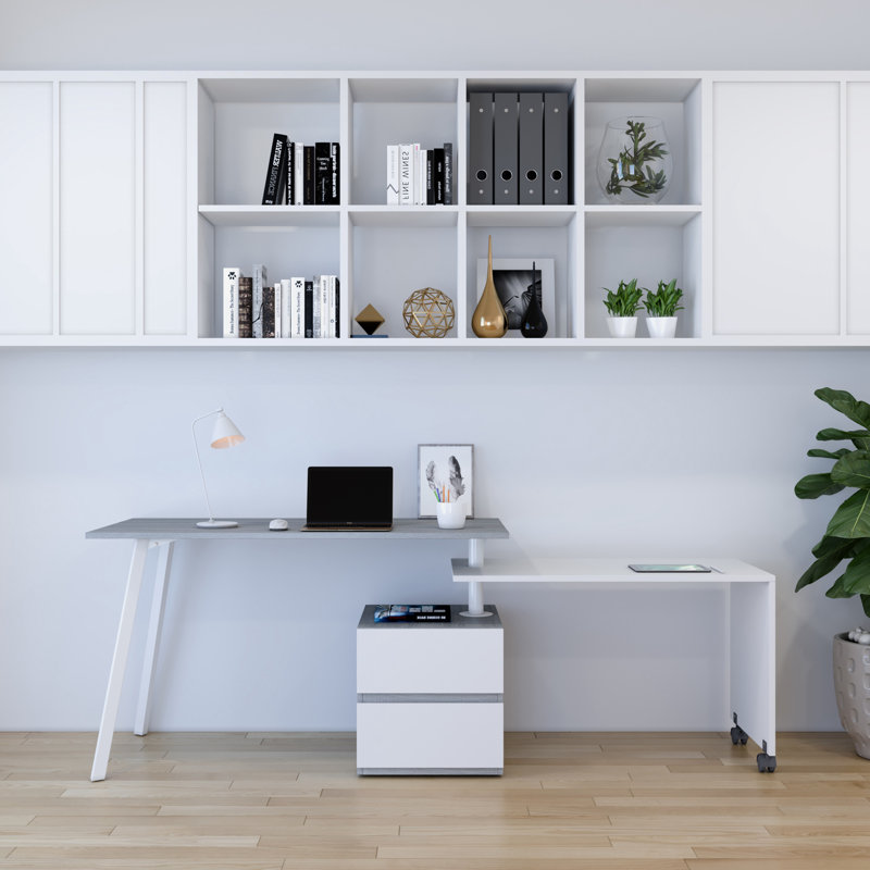 Grey and White Corner Computer Desk with Drawer and Keyboard Tray