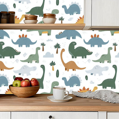 Papier de contact à peler et coller, dinosaures mignons, impression mignonne blanche pour enfants, auto-adhésif et amovible 24 po x 118 po (60 x 300 cm)