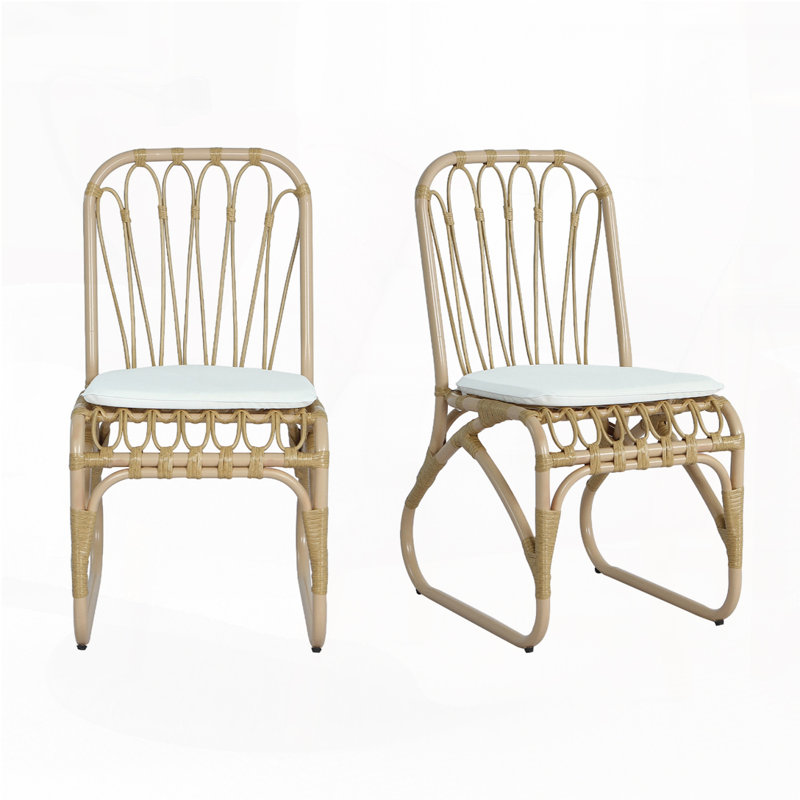 Ensemble de 2 chaises d'extérieur en osier avec coussins lavables PE, Blanc/naturel