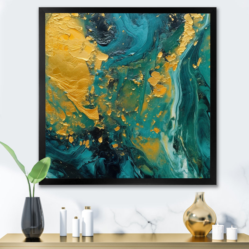 «Golden Sunset over Teal Ocean», reproduction d'art sur toile, H 36 po x l 36 po x P 1,5 po, Cadre simple noir