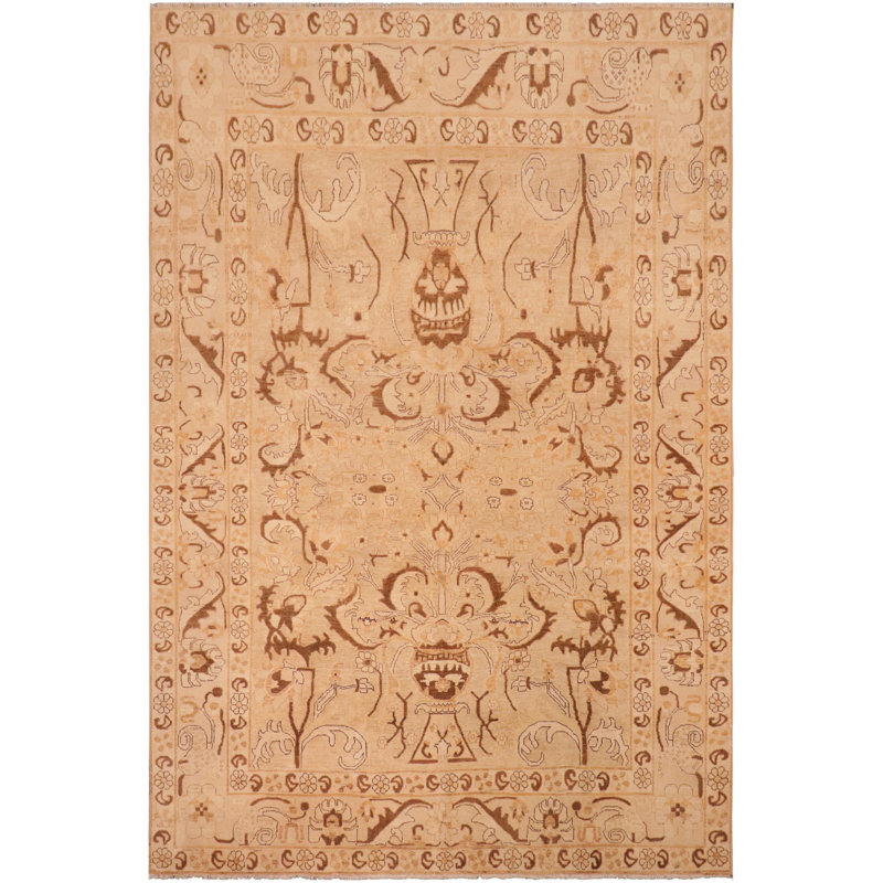 Tapis brun clair en laine noué à la main 7 pi 8 po x 9 pi 5 po Bachir Damask