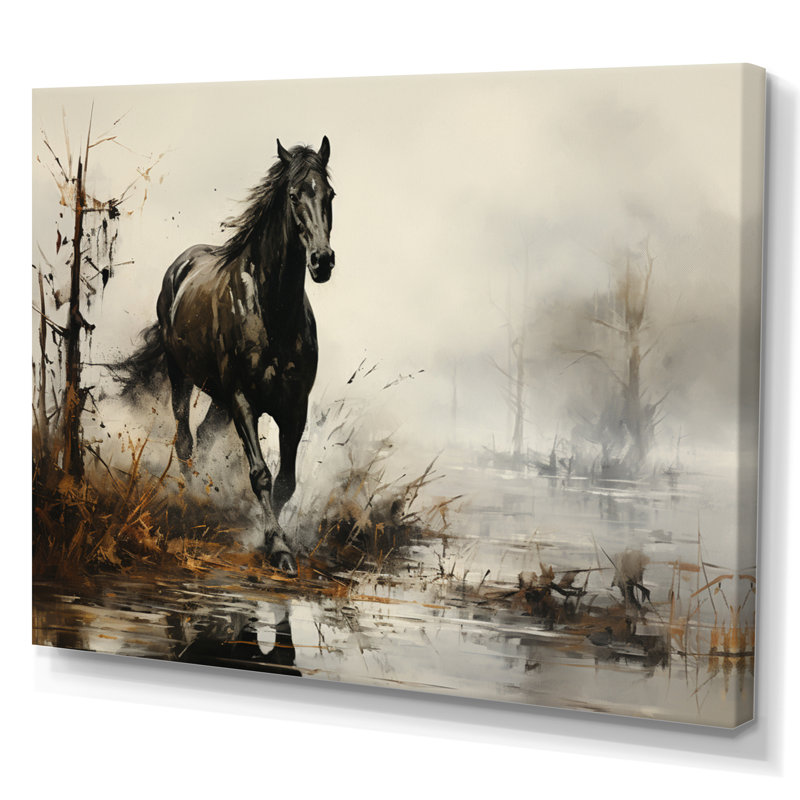«Grey Horse Misty Morning Canter II», art mural cheval, H 34 po x l 44 po x P 1,5 po, Toile tendue