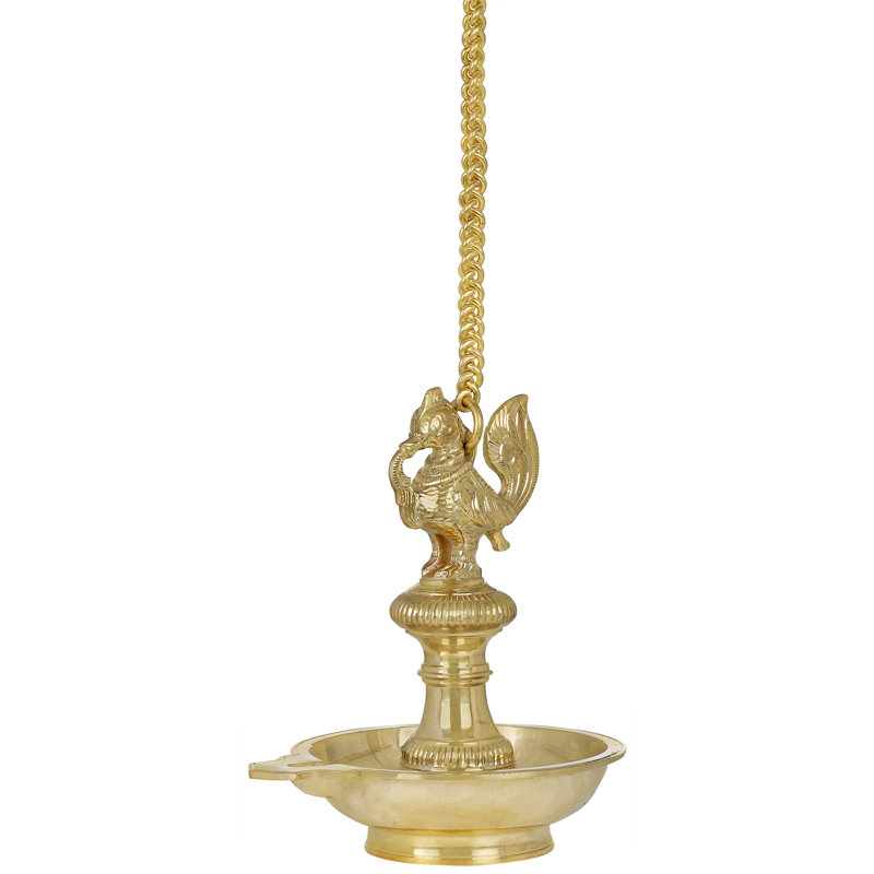 Lampe paon suspendue de 9 po en laiton faite à la main Annam - Huile rituelle indienne Diya, Saraswati Vahana symbolique pour espaces sacrés et éclairage ambiant