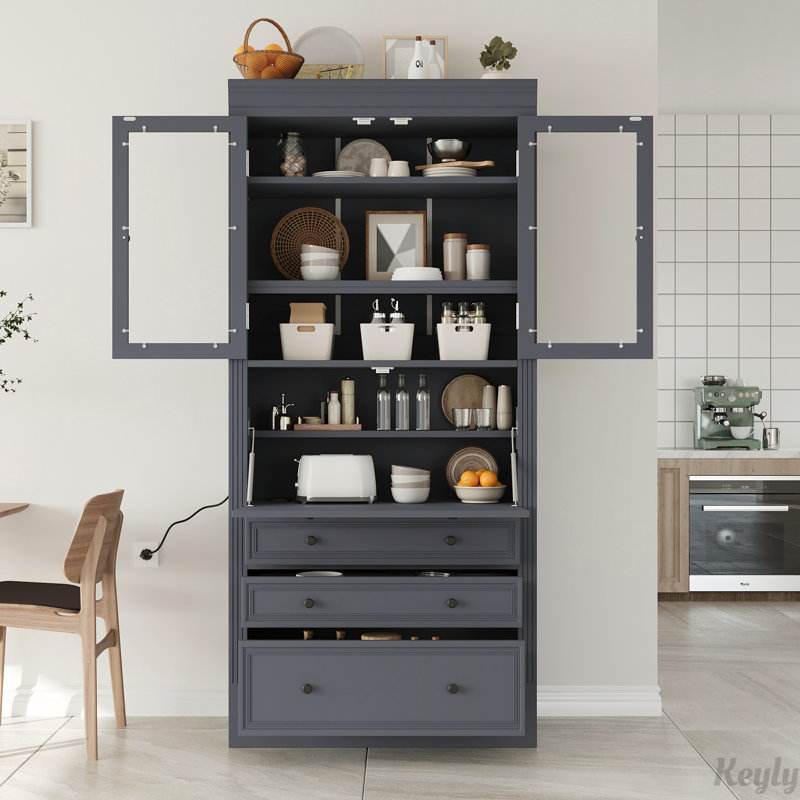 Garde-manger élégant de style shaker Eltera de 78 pouces avec portes en verre et surface rabattable, Gris