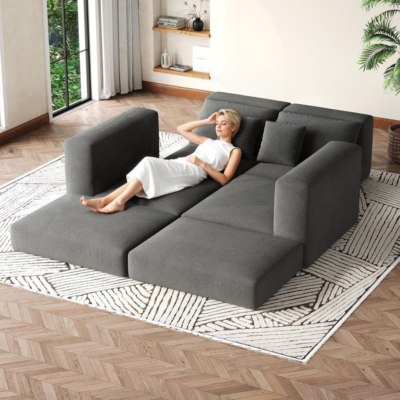 Canapé-lit modulaire de 80 po avec méridienne réversible pour petits espaces sans assemblage, Gris