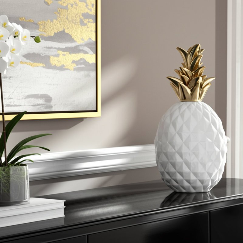 Decorative Object Stoneware Ceramic Pineapple-Inspired Sculpture with Faceted Body and Sculpted Top - Modern Accent Piece for Stylish Contemporary Interiors