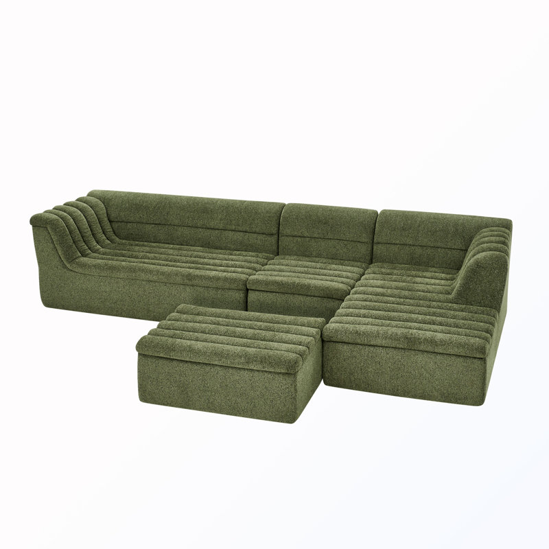U-Shaped Modular Sectional Sofa With Wave-Shaped Armrest, Green Chenille