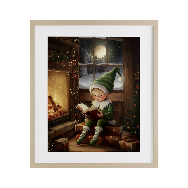 «Reading Elf» par Fireplace, reproduction encadrée sous verre, design par Arlington Prints, Cadre de récolte en pin