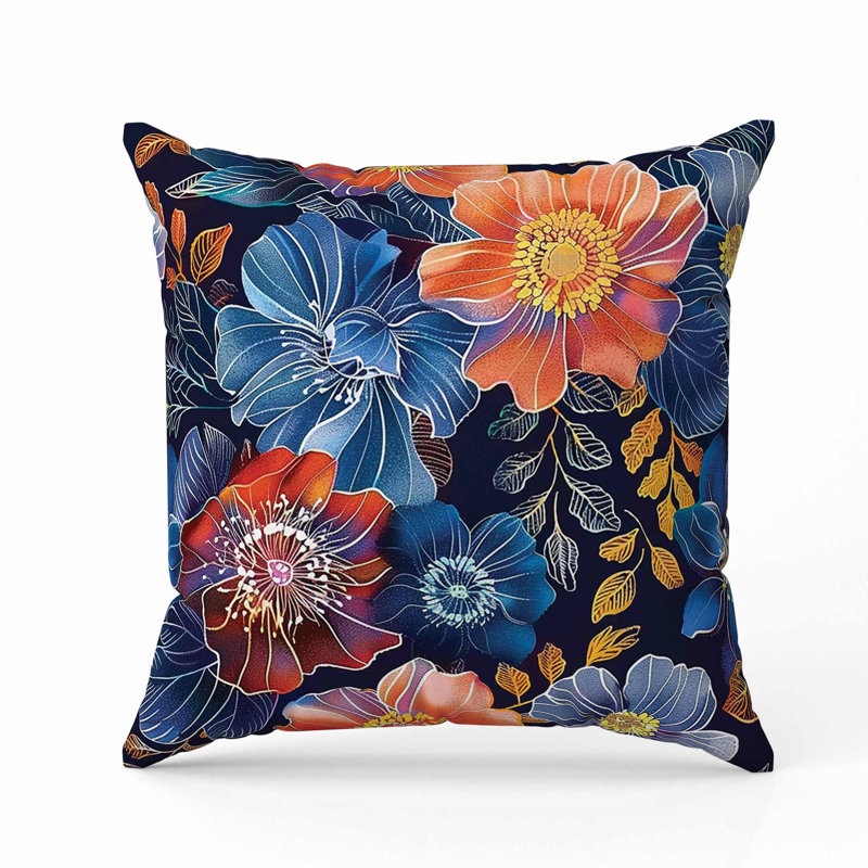 Coussin Painted Petalscape, Carré 16 po, Bleu / Noir / Orange