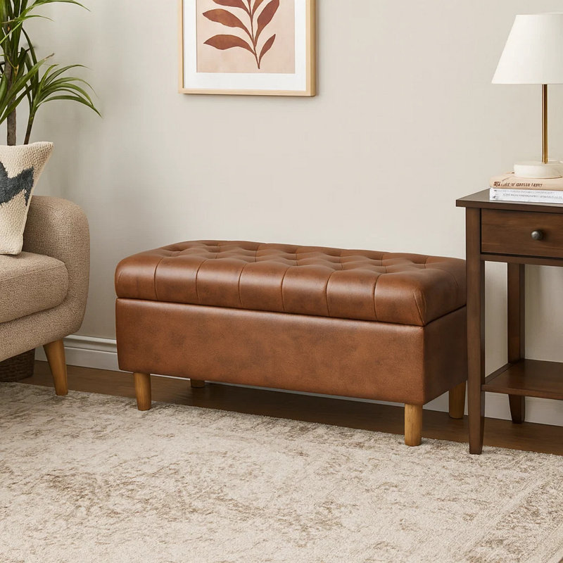 Repose-pieds avec rangement Sol, similicuir brun et bois franc, 36 po