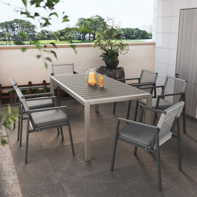 Ensemble de salle à manger d'extérieur, ensemble de 6 chaises en aluminium avec corde et table en aluminium avec plateau en faux bois
