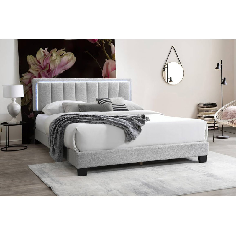 Grand lit en tissu avec tête d'éclairage DEL, Gris