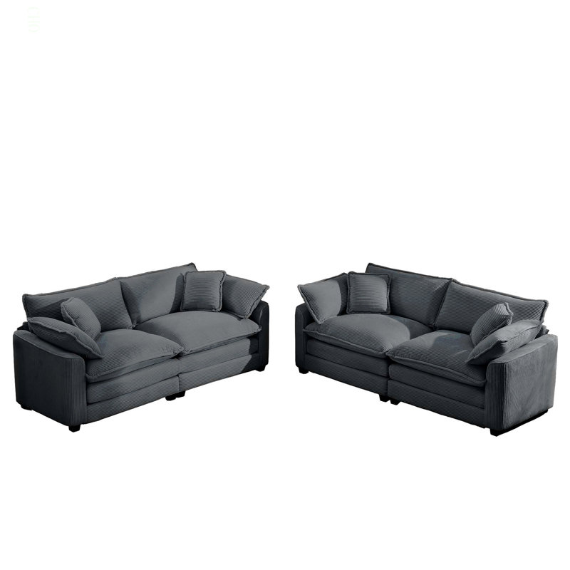 Ensemble de canapé de salon en tissu moderne deux pièces, deux canapés 2 places avec grand fauteuil inclinable à 8 coussins, tissu en velours côtelé gris