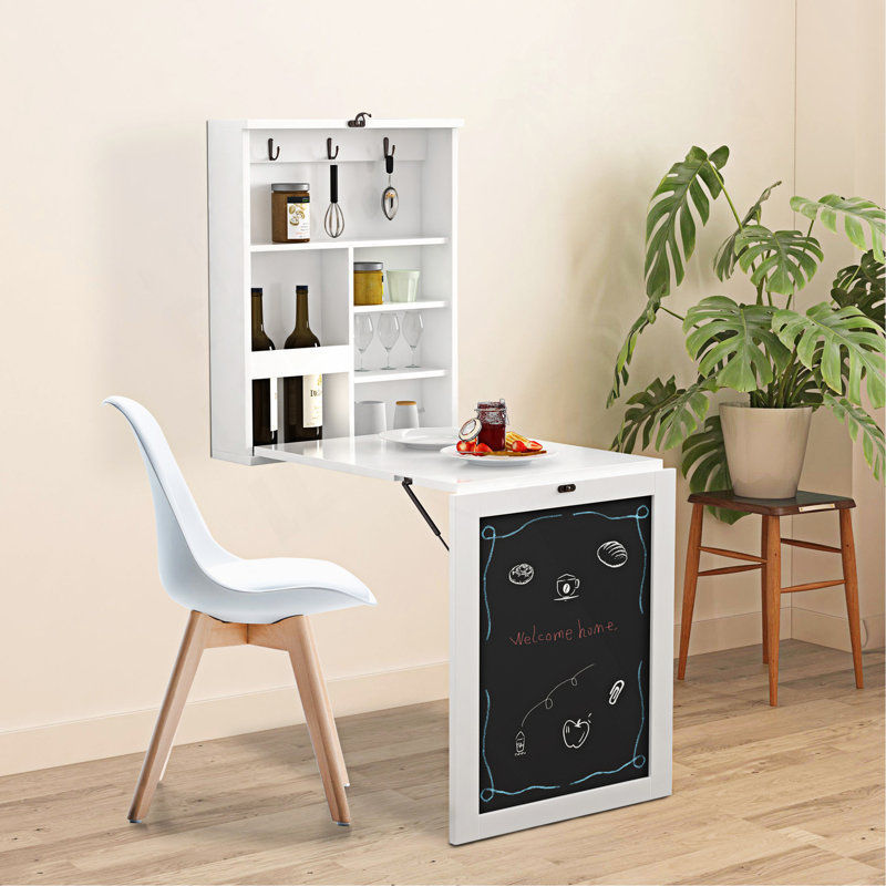 Floating Wall Mounted Table, Foldable Desk With Storage Shelves And Blackboard - Black+White