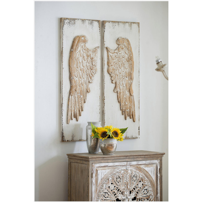 Ensemble de 2 panneaux muraux à oreilles en plumes avec finition blanche patinée, art mural suspendu, 42 po x 15,5 po