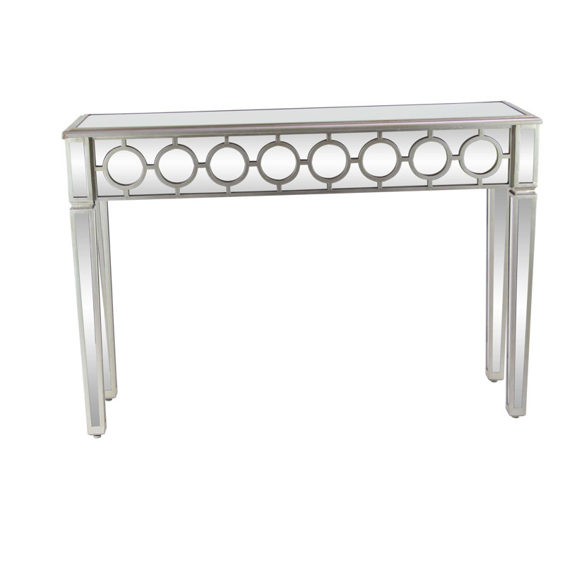 Skyler Glass Mirrored Geometric Silver Console Table with Circular Panel Inlay