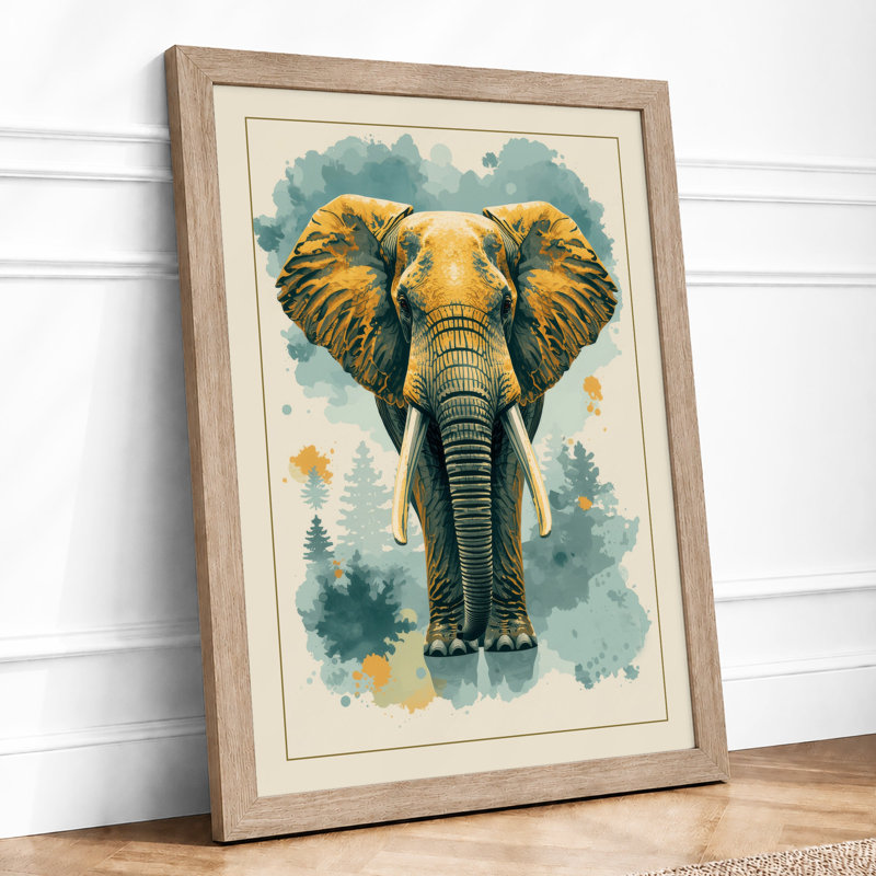 Golden Elephant Portrait Boho - Framed Print, A3 - 42.0 x 29.7 cm, Oak