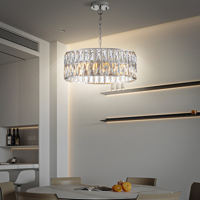 Dimmable 6-Light K9 Crystal Drum Chandelier With Adjustable Height and Crystal Accents, Silver