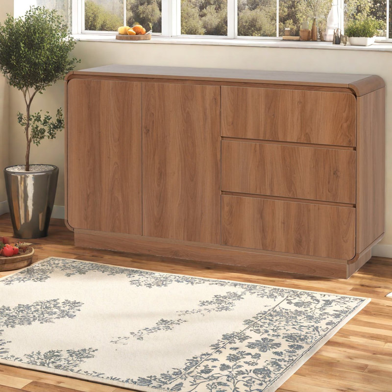 Buffet polyvalent en noyer moderne, fabrication en bois aggloméré durable, parfait pour les espaces de salle à manger et de vie