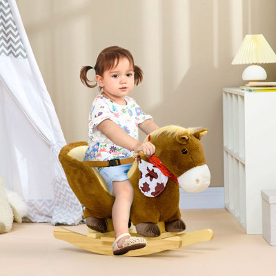 Cheval à bascule interactif pour bébé avec sons réalistes, ceinture de sécurité et peluche douce, pour les enfants de 18 à 36 mois, brun