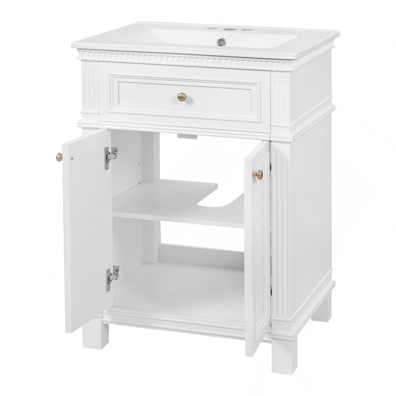 24'' Vintage Elegance Bathroom Cabinet with Soft Closing Doors and Adjustable Shelf, Bathroom Vanity with Ceramic Sink, White