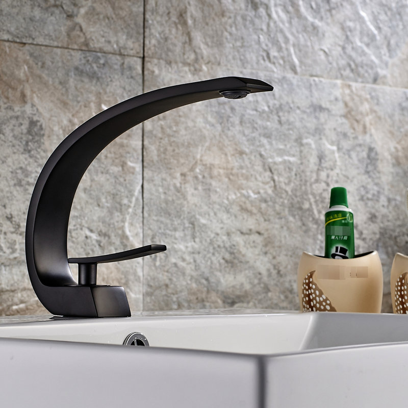 Black Single Hole Bathroom Tap - Handle, Tarnish Proof Brushed Lavatory Faucet Geometric, Fingerprint, Matte Black