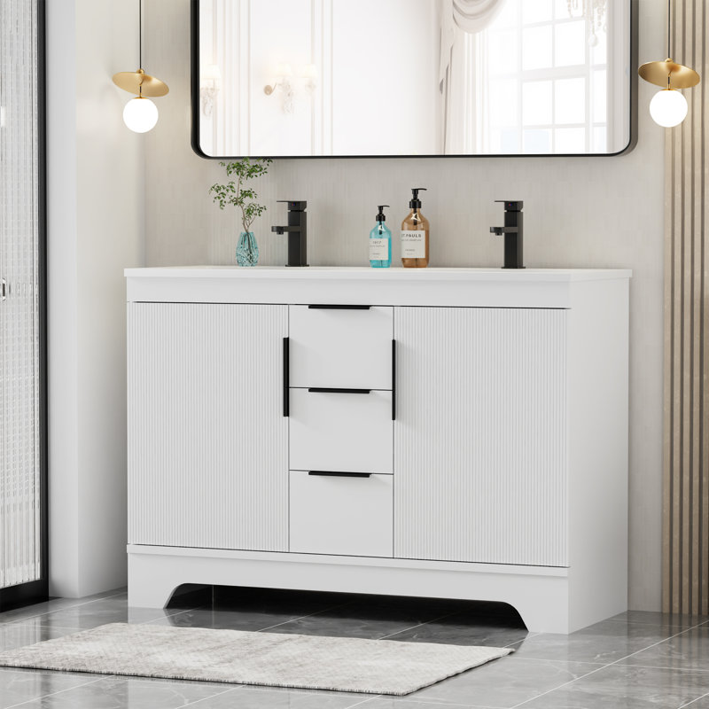 48" Double Sink Bathroom Vanity Set With Resin Sink Top, Faucet, Assembly Required, White