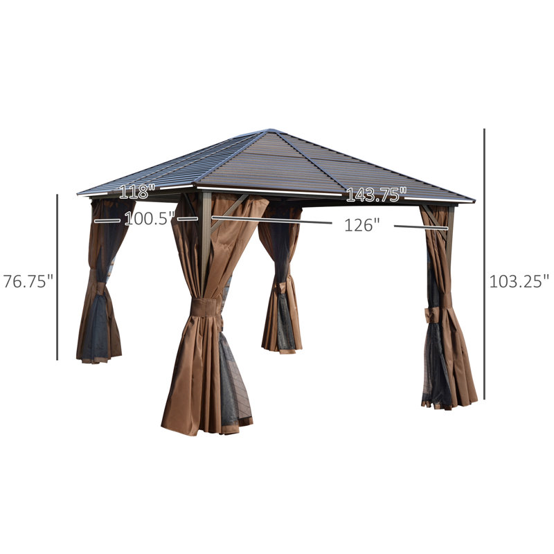 Outsunny 12' x 10' Brown Aluminum Hardtop Gazebo with Curtains
