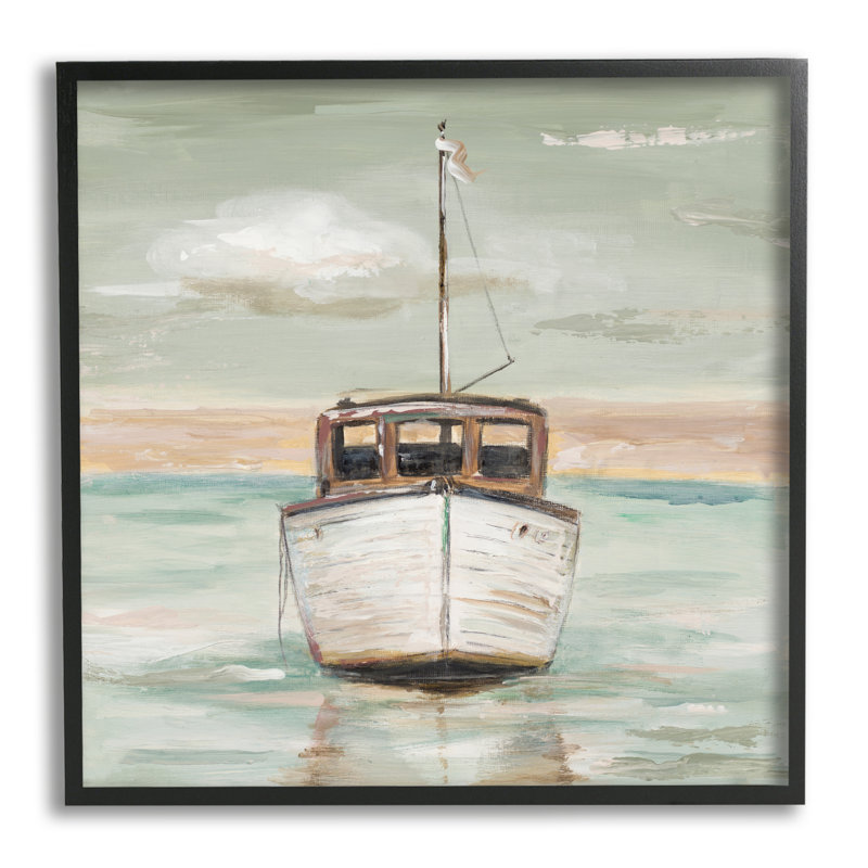 Navire d'eau naviguant dans l'océan, H 17 po x l 17 po x P 1,5 po, Giclée encadrée noir minuit