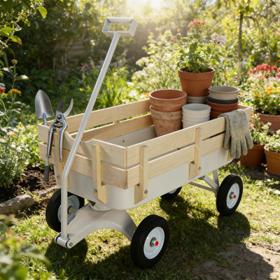 All-Terrain Utility Garden Wagon with Foldable Pull Handle, Heavy-Duty Steel Cart with Removable Natural Wooden Side Panels, 176 LBS Weight Capacity, Multi-Purpose Outdoor Hauling Cart for Gardening, Yard Work, Wedding & Farmers Market, White